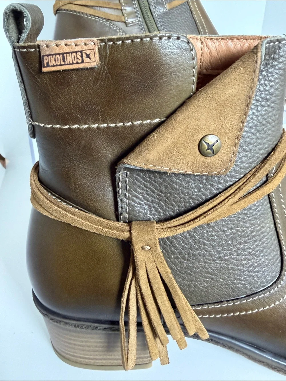 PIKOLINOS Zaragoza Leather Ankle Boots with Tassel Wrap in Moss Brown; Size 39